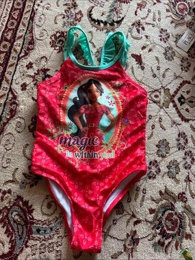 Disney Girls Red Elena of Avalor One-Piece Swim Suit with Teal Straps